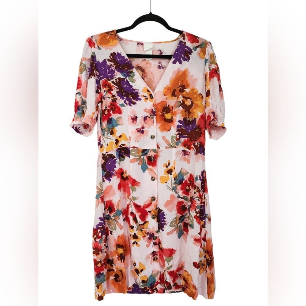 H&M Orange/Purple/Red/pink Floral Puff Sleeve V-Neck Sundress - button - Size S